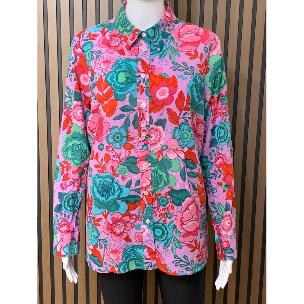 Talbots Women's Large Pink Floral Cotton Button Down Shirt Long Sleeve Classic